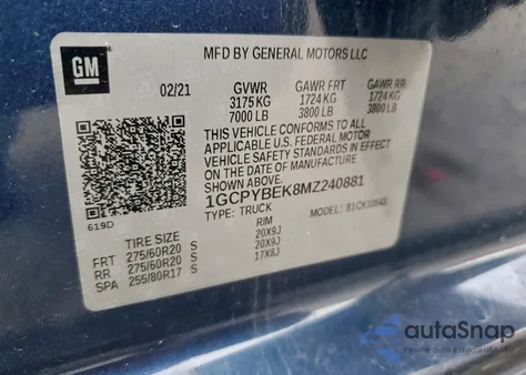 2021 Chevrolet Silverado K1500 Custom z USA, uszkodzony, nr VIN 1GCPYBEK8MZ240881